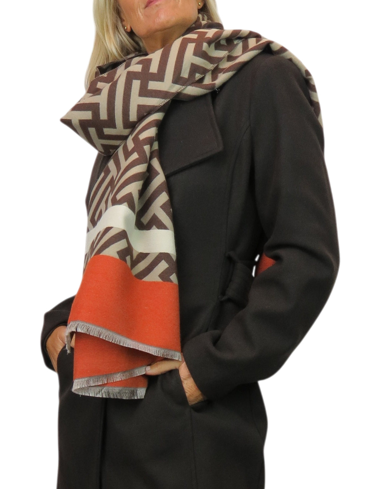 Cashmere Blend Geometric Pashmina Scarf Reversible Tan