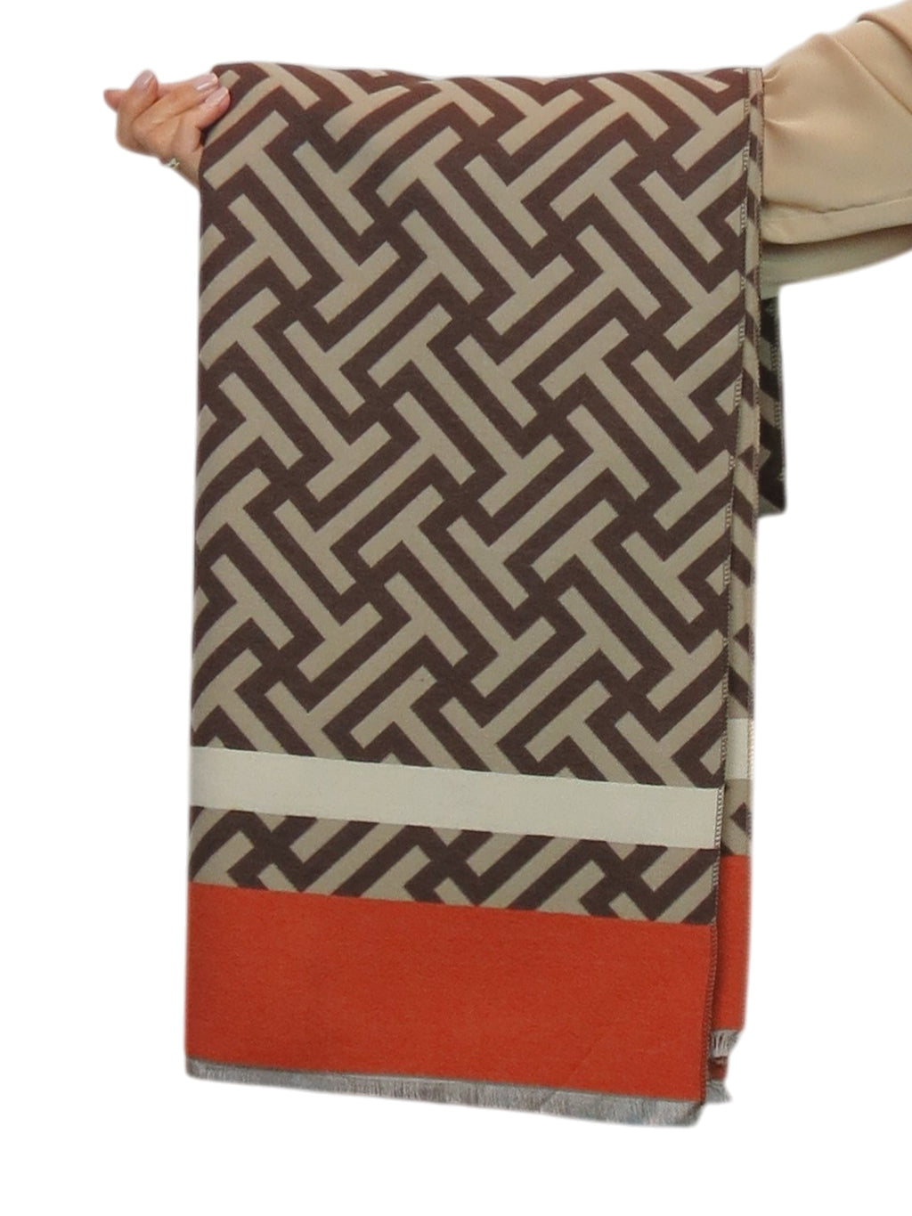Cashmere Blend Geometric Pashmina Scarf Reversible Tan