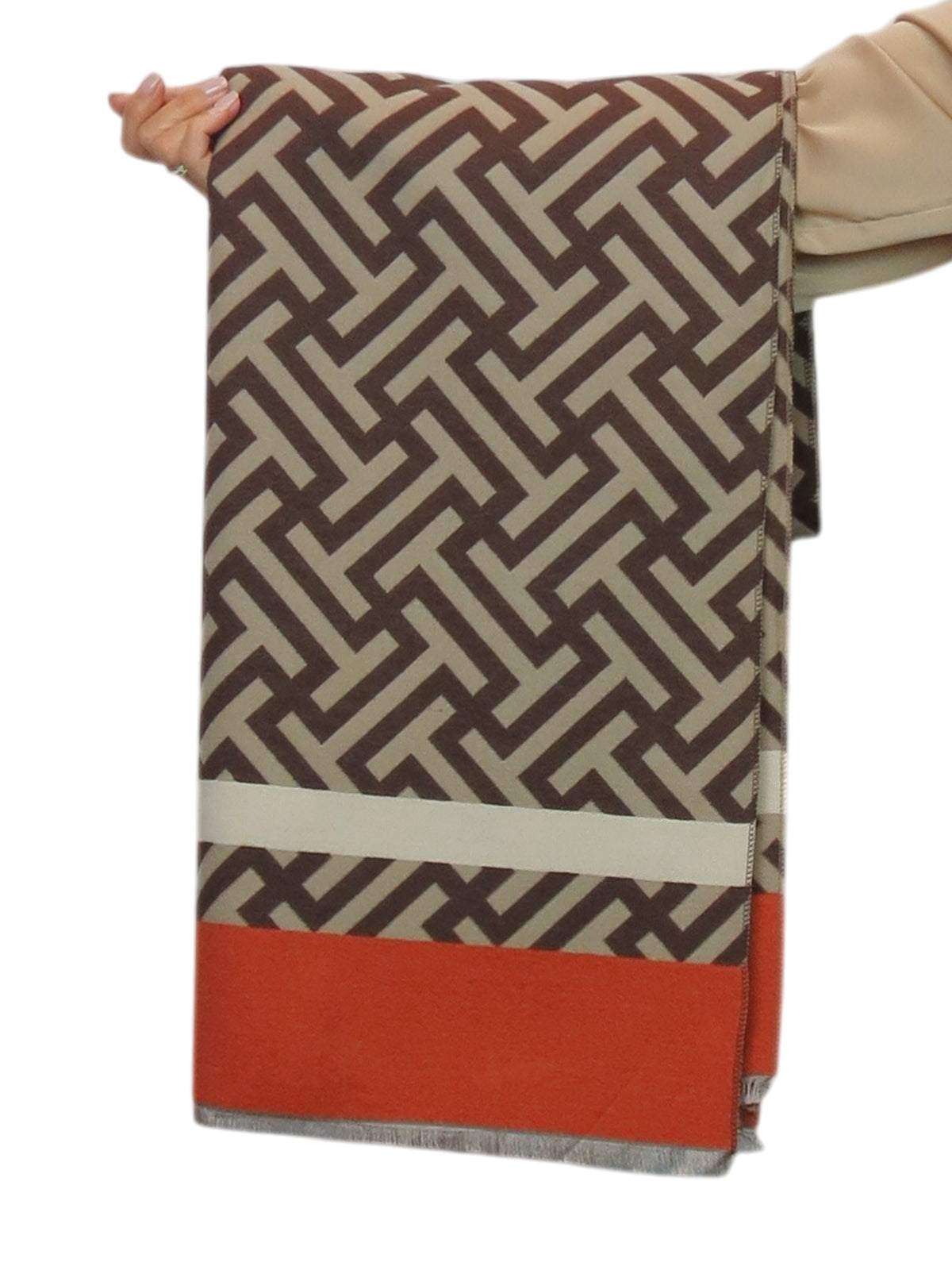 Cashmere Blend Geometric Pashmina Scarf Reversible Tan