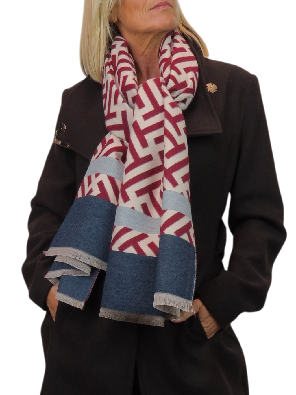 Cashmere Blend Geometric Pashmina Scarf Reversible Red