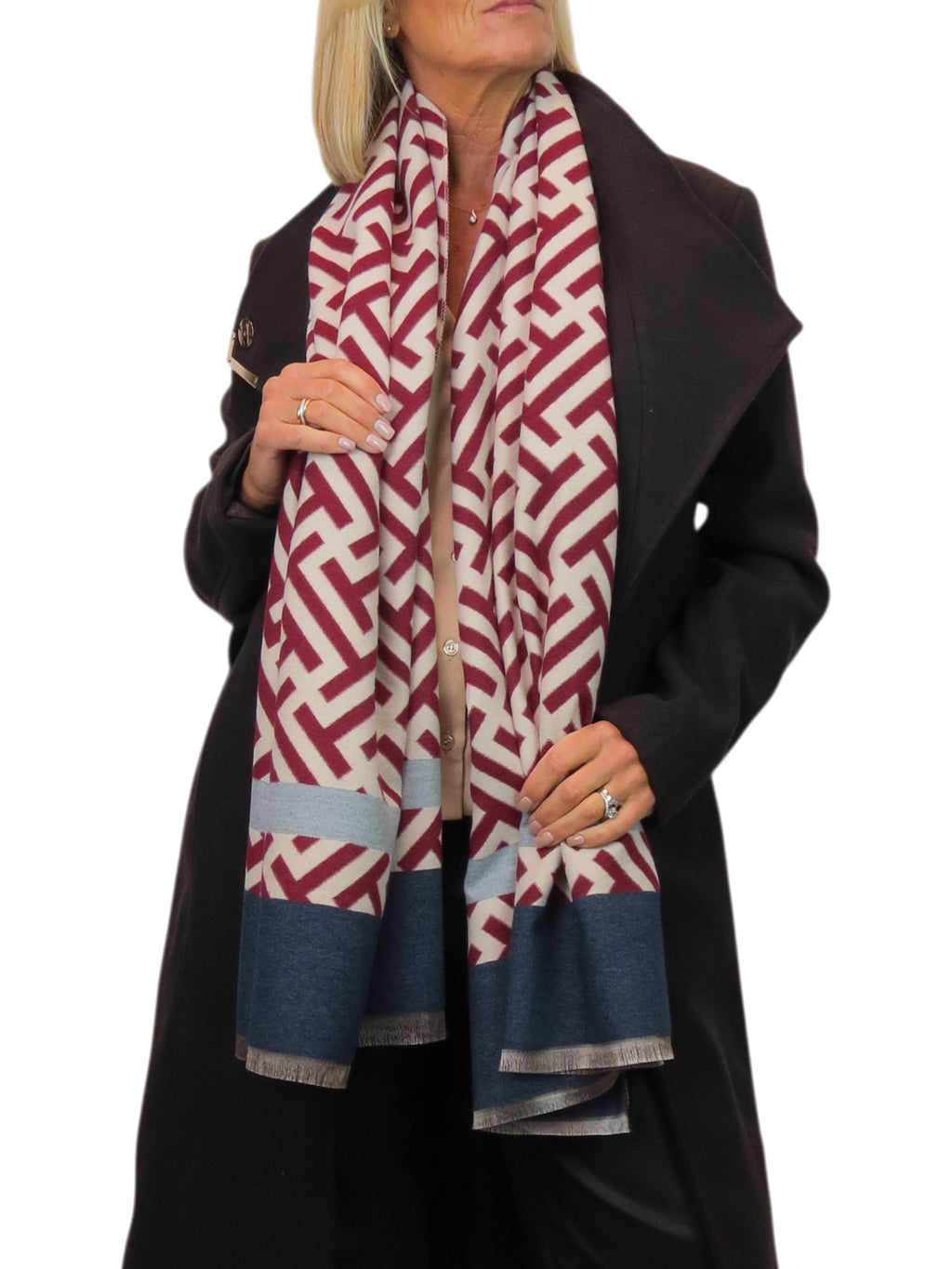 Cashmere Blend Geometric Pashmina Scarf Reversible Red