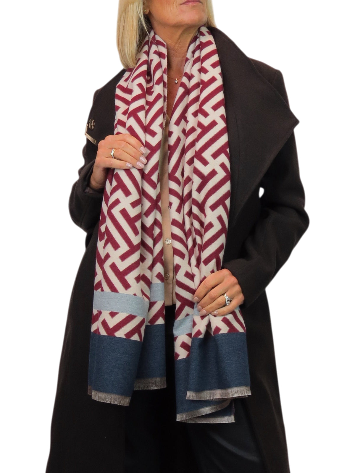 Cashmere Blend Geometric Pashmina Scarf Reversible Red