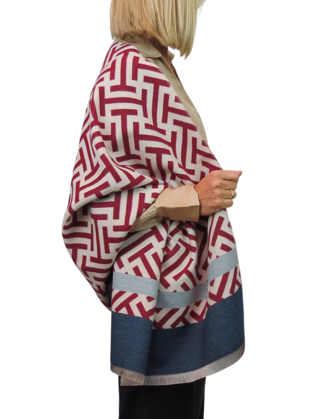 Cashmere Blend Geometric Pashmina Scarf Reversible Red
