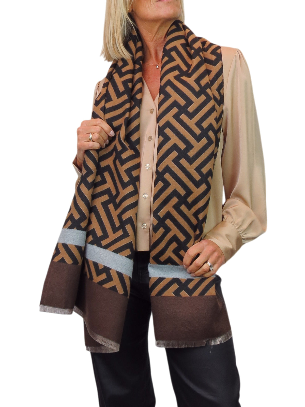 Cashmere Blend Geometric Pashmina Scarf Reversible Brown