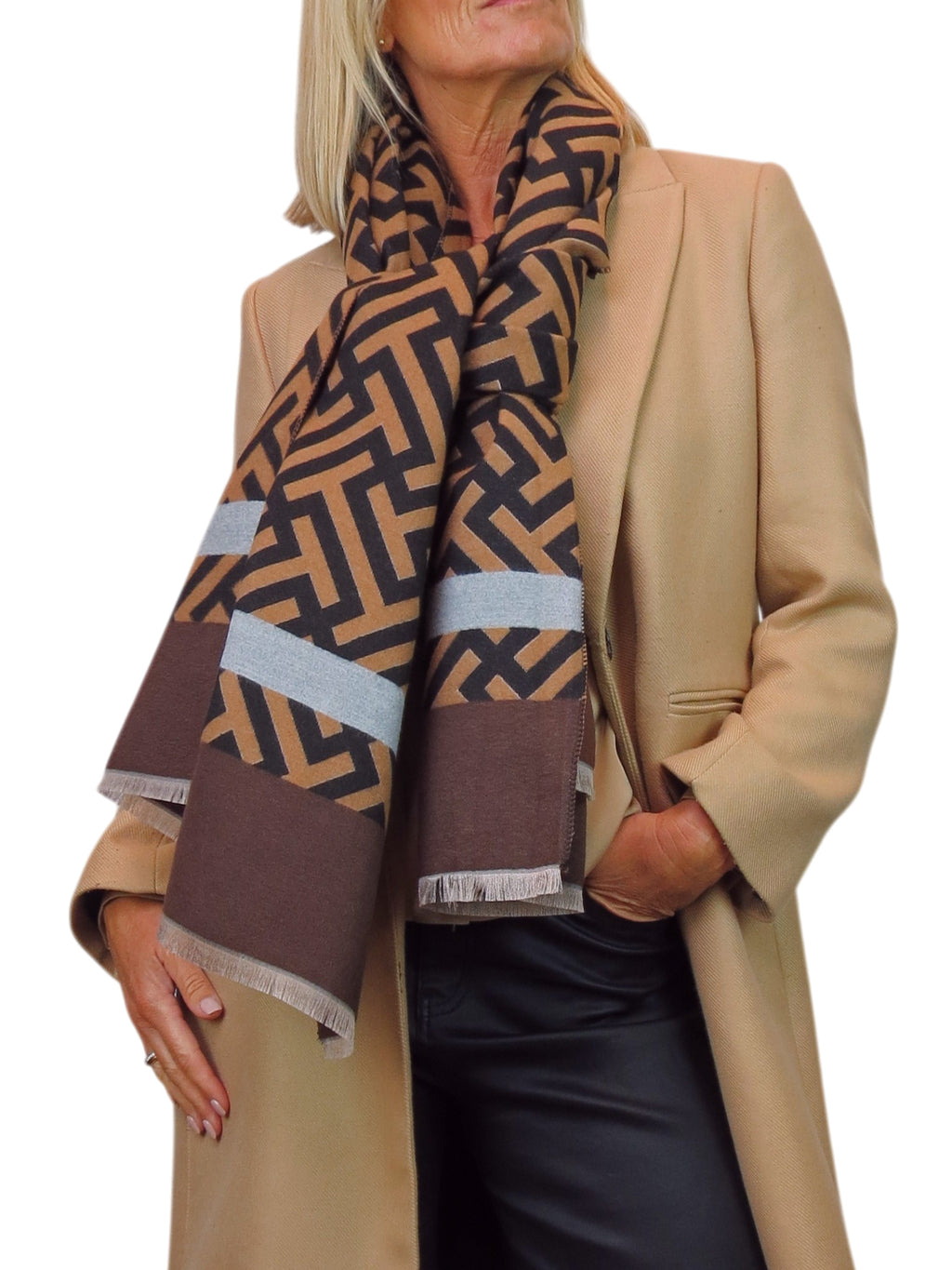 Cashmere Blend Geometric Pashmina Scarf Reversible Brown