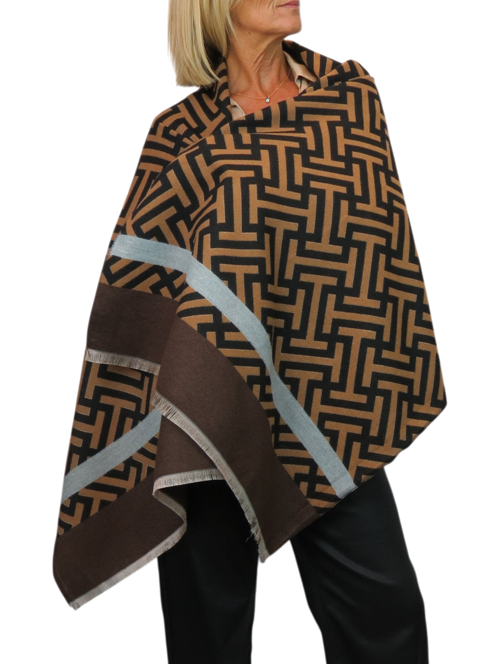 Cashmere Blend Geometric Pashmina Scarf Reversible Brown