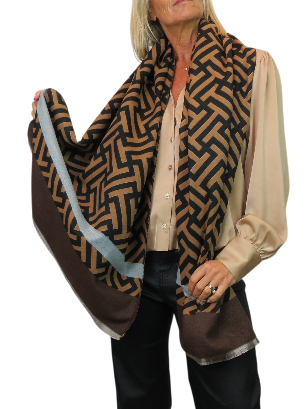 Cashmere Blend Geometric Pashmina Scarf Reversible Brown