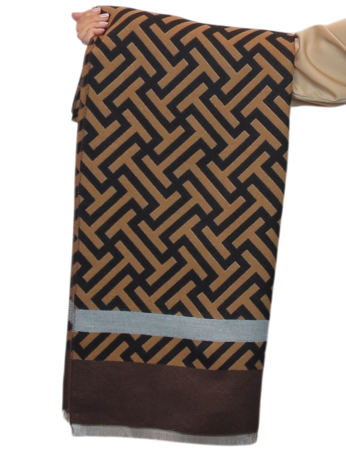 Cashmere Blend Geometric Pashmina Scarf Reversible Brown