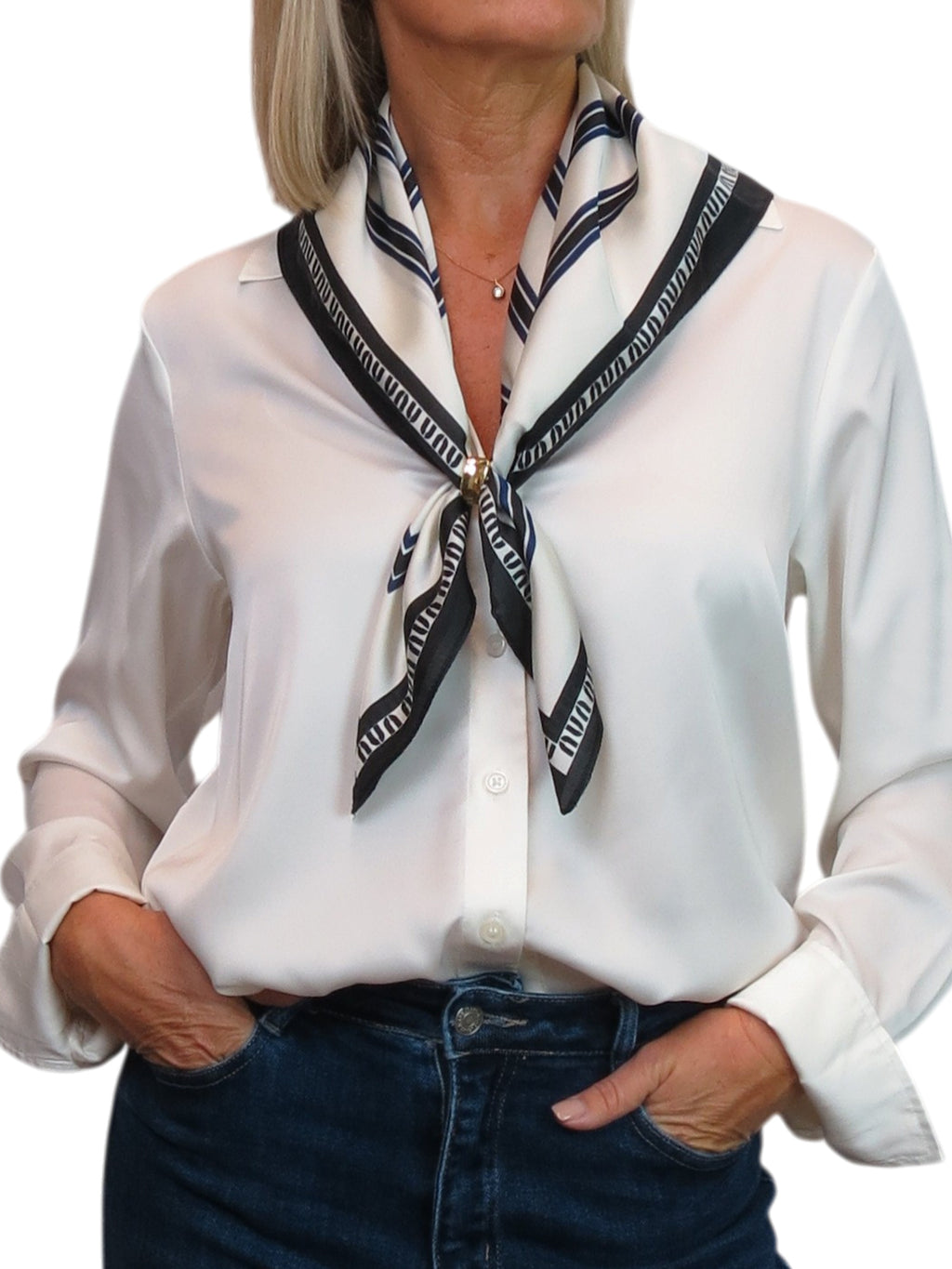 Silky Square Scarf Neckerchief with Scarf Ring Black