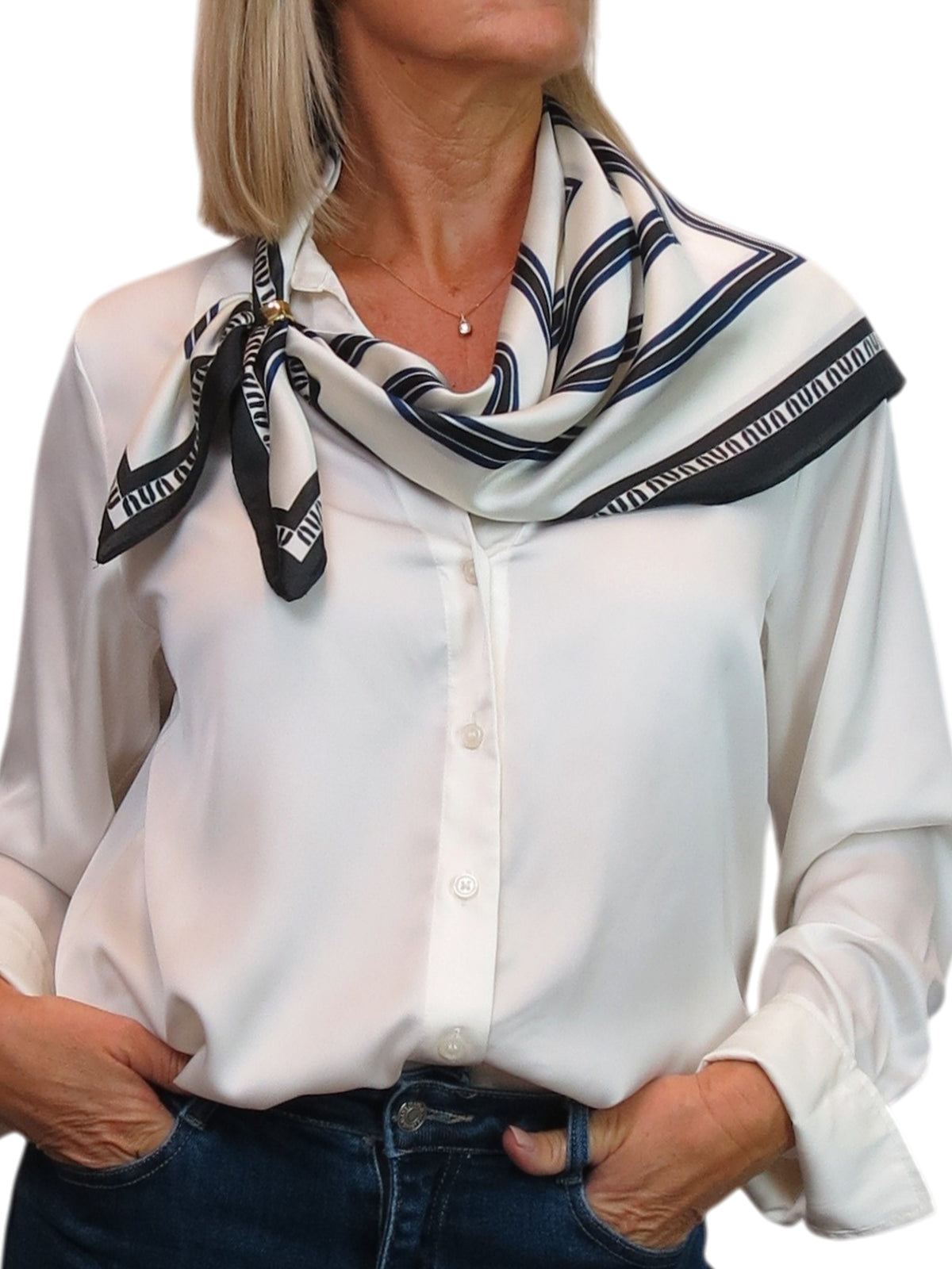 Silky Square Scarf Neckerchief with Scarf Ring Black