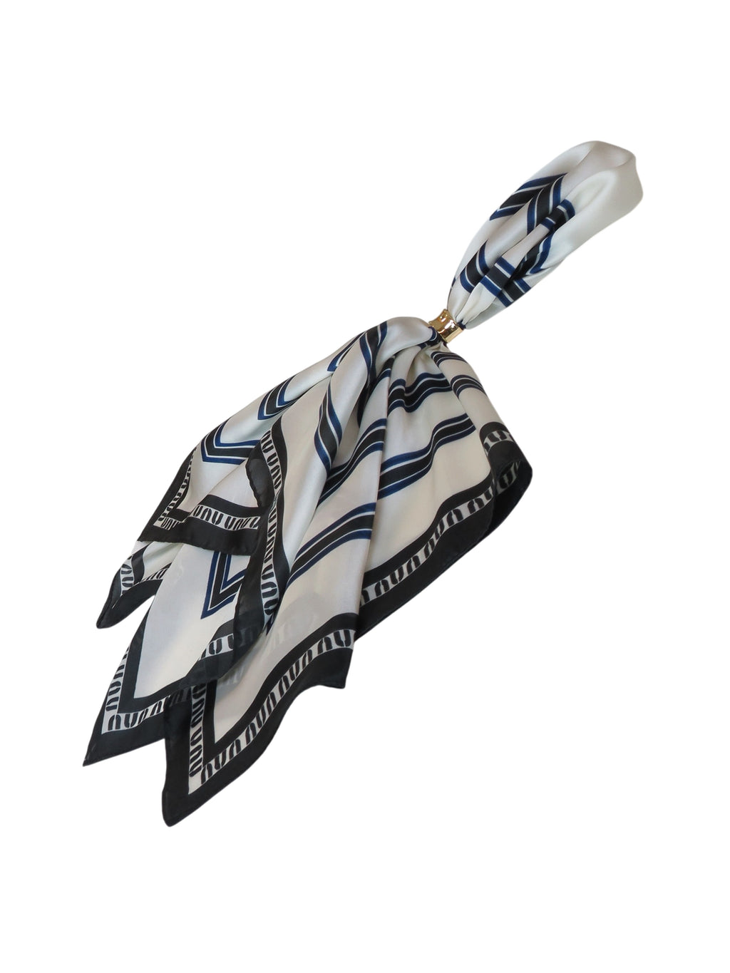 Silky Square Scarf Neckerchief with Scarf Ring Black