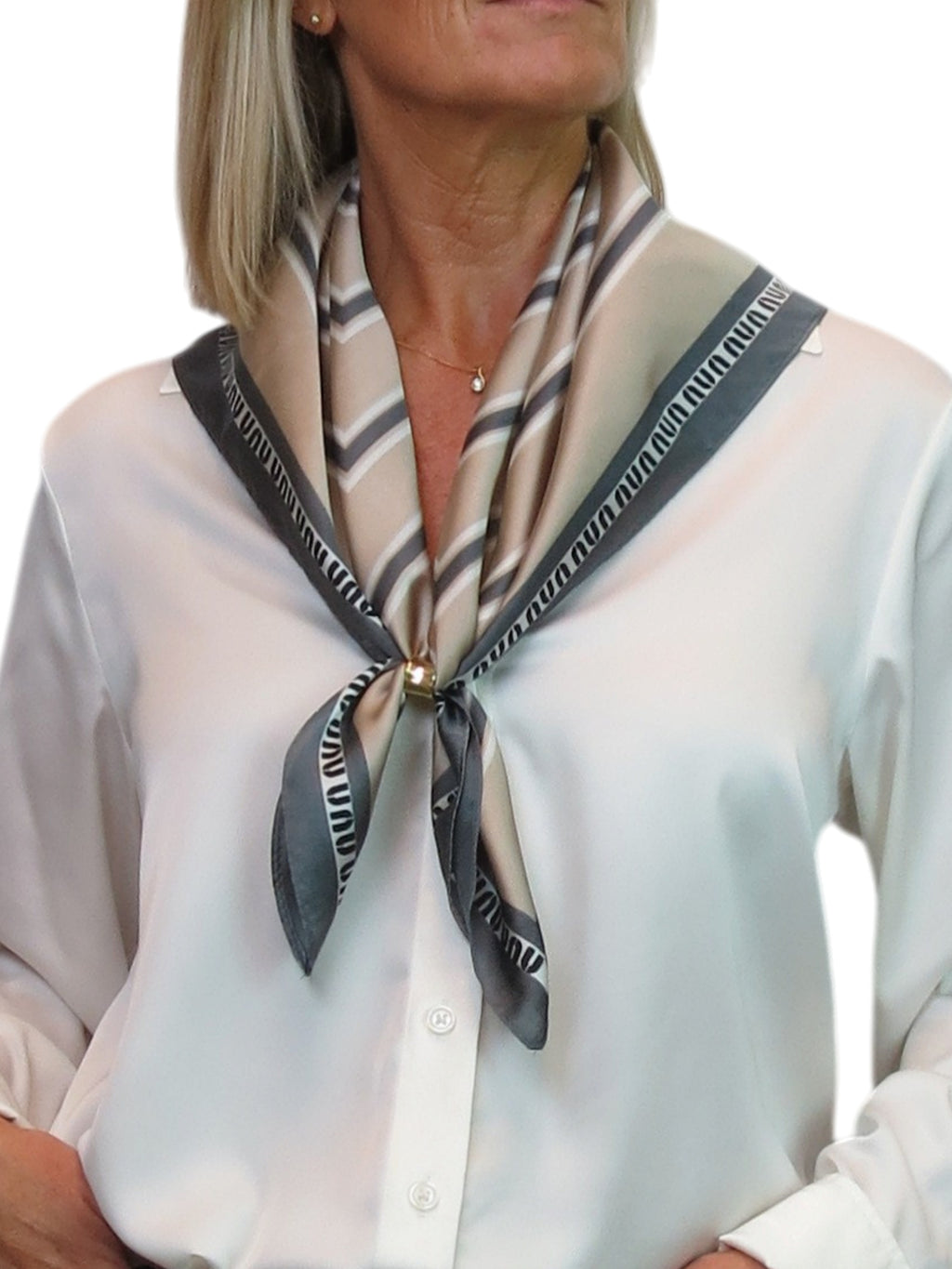 Silky Square Scarf Neckerchief with Scarf Ring Beige