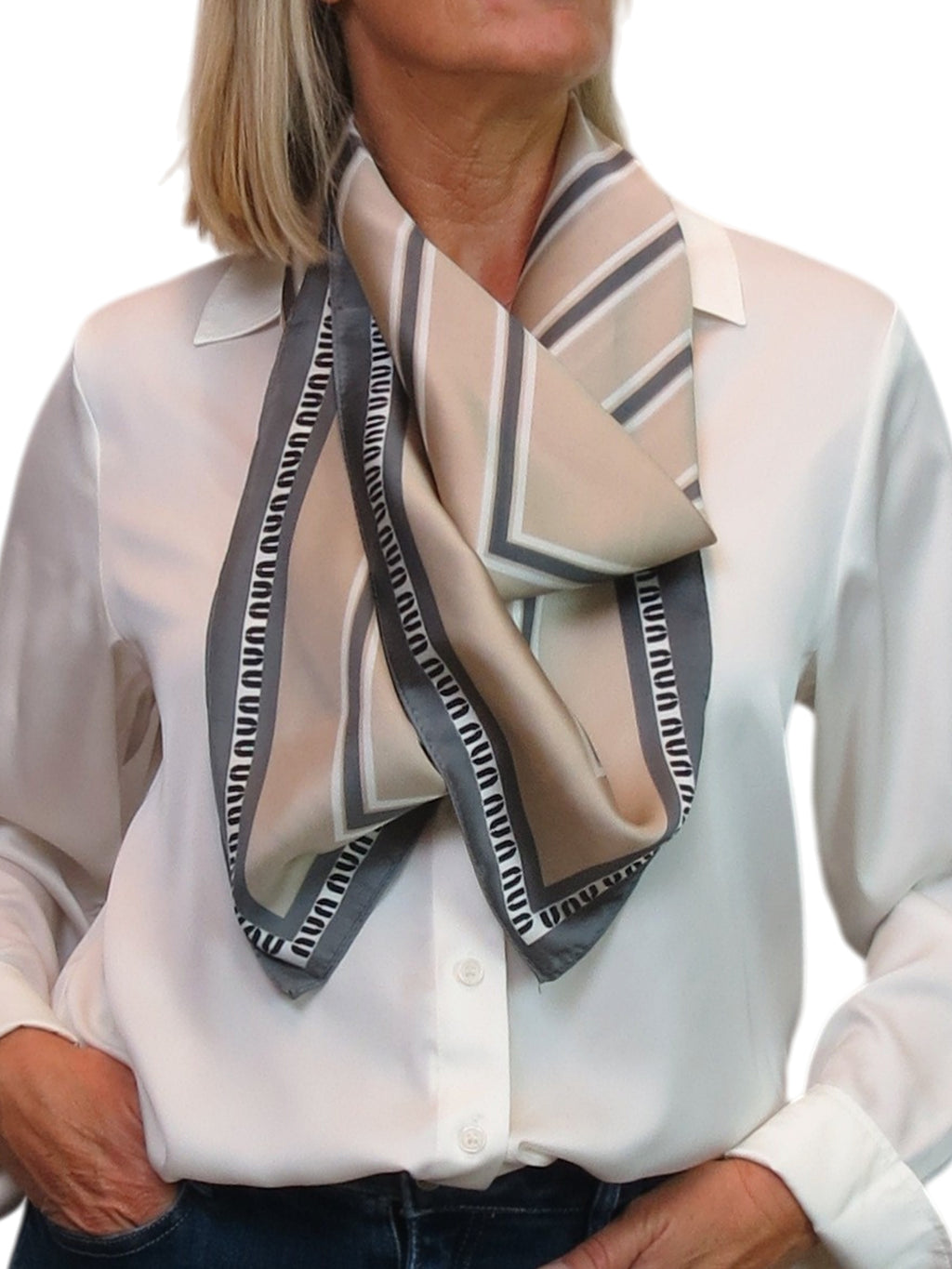Silky Square Scarf Neckerchief with Scarf Ring Beige