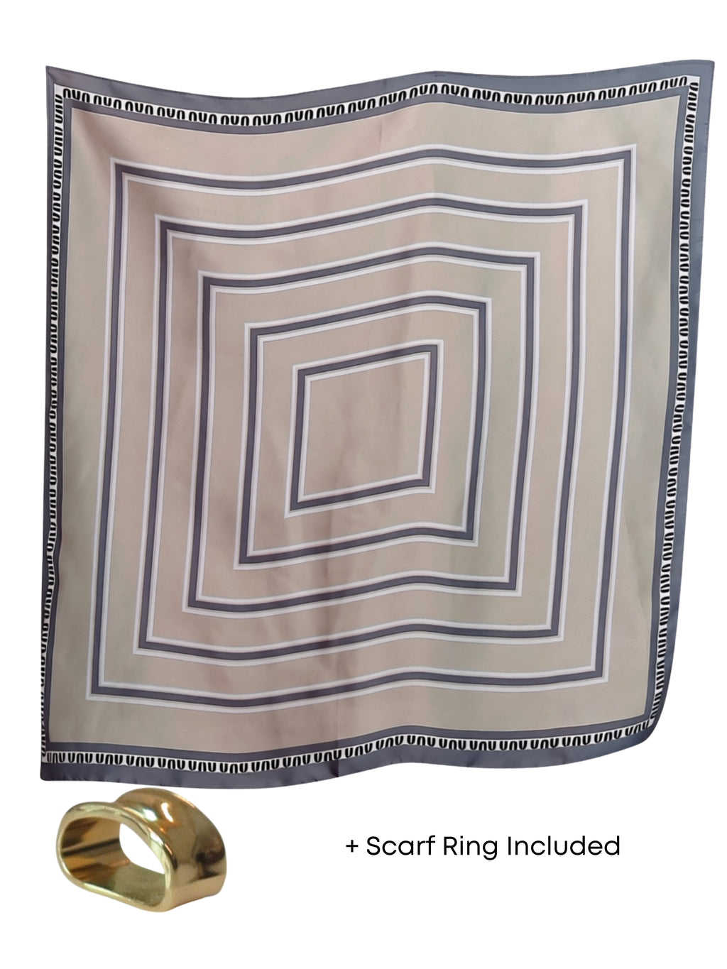 Silky Square Scarf Neckerchief with Scarf Ring Beige