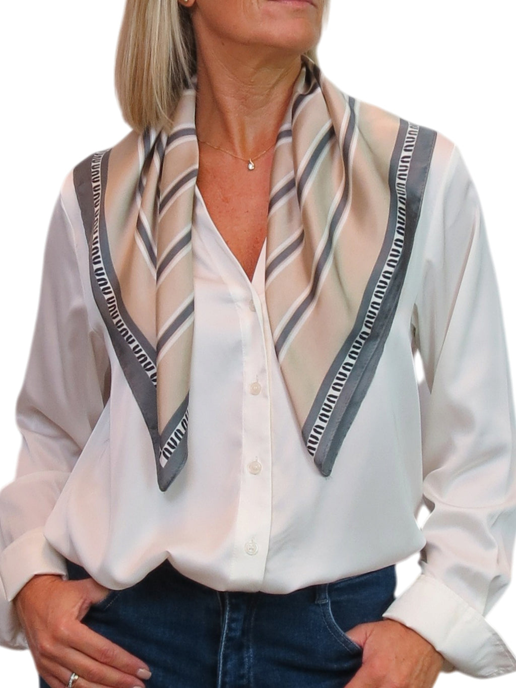 Silky Square Scarf Neckerchief with Scarf Ring Beige