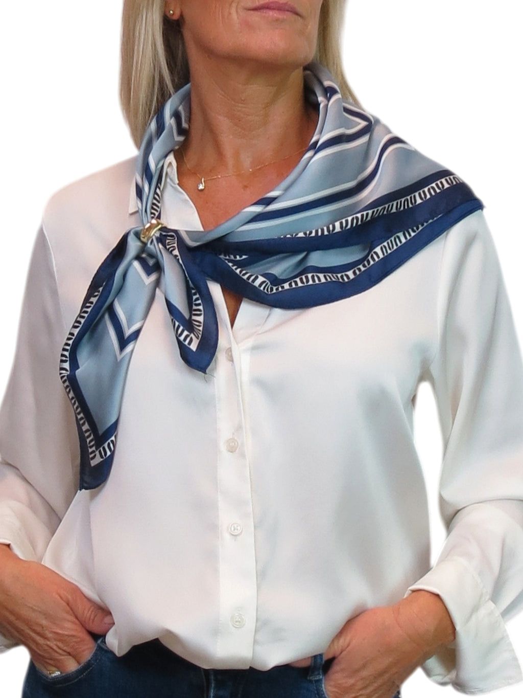 Silky Square Scarf Neckerchief with Scarf Ring Blue