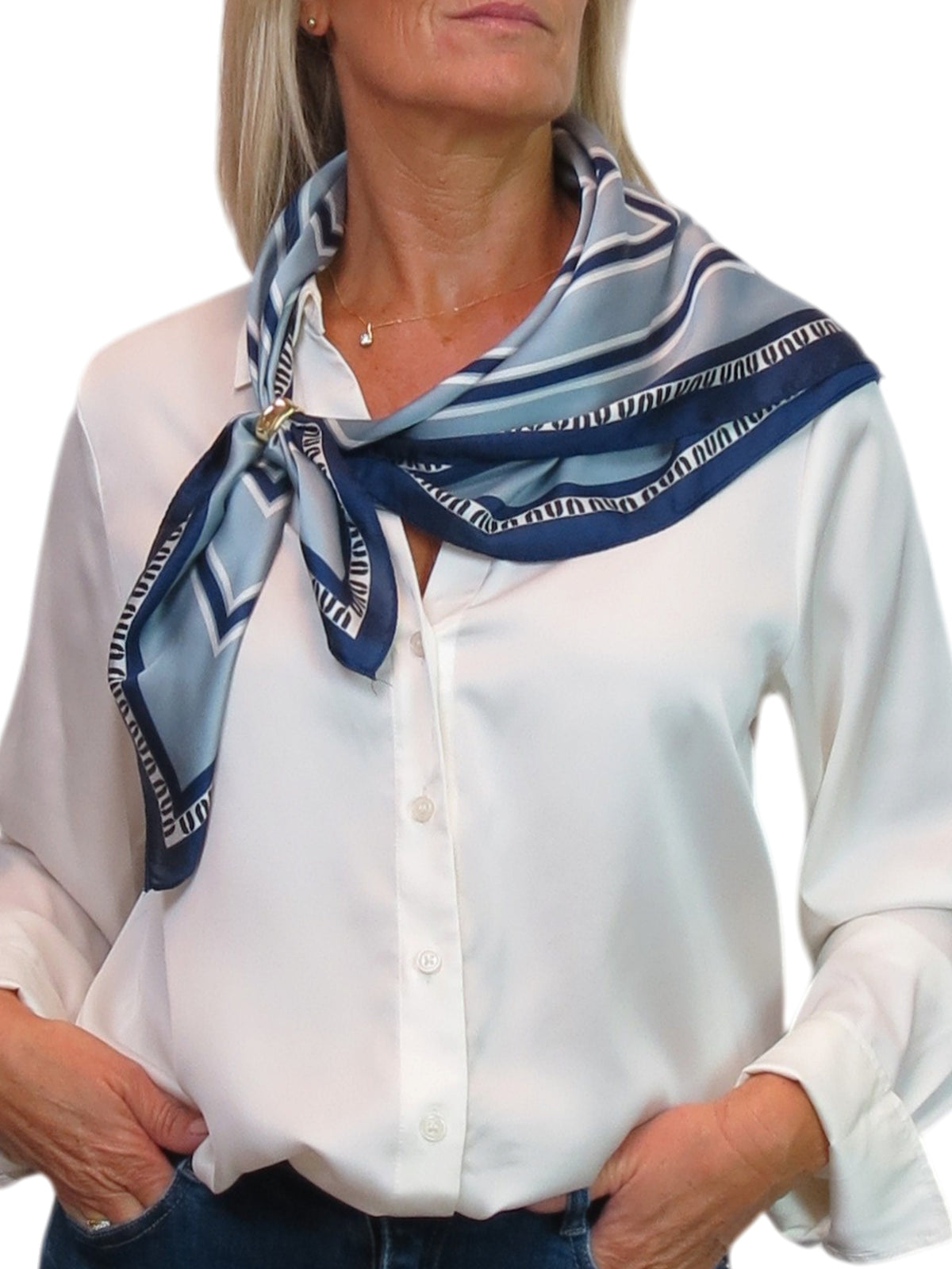 Silky Square Scarf Neckerchief with Scarf Ring Blue