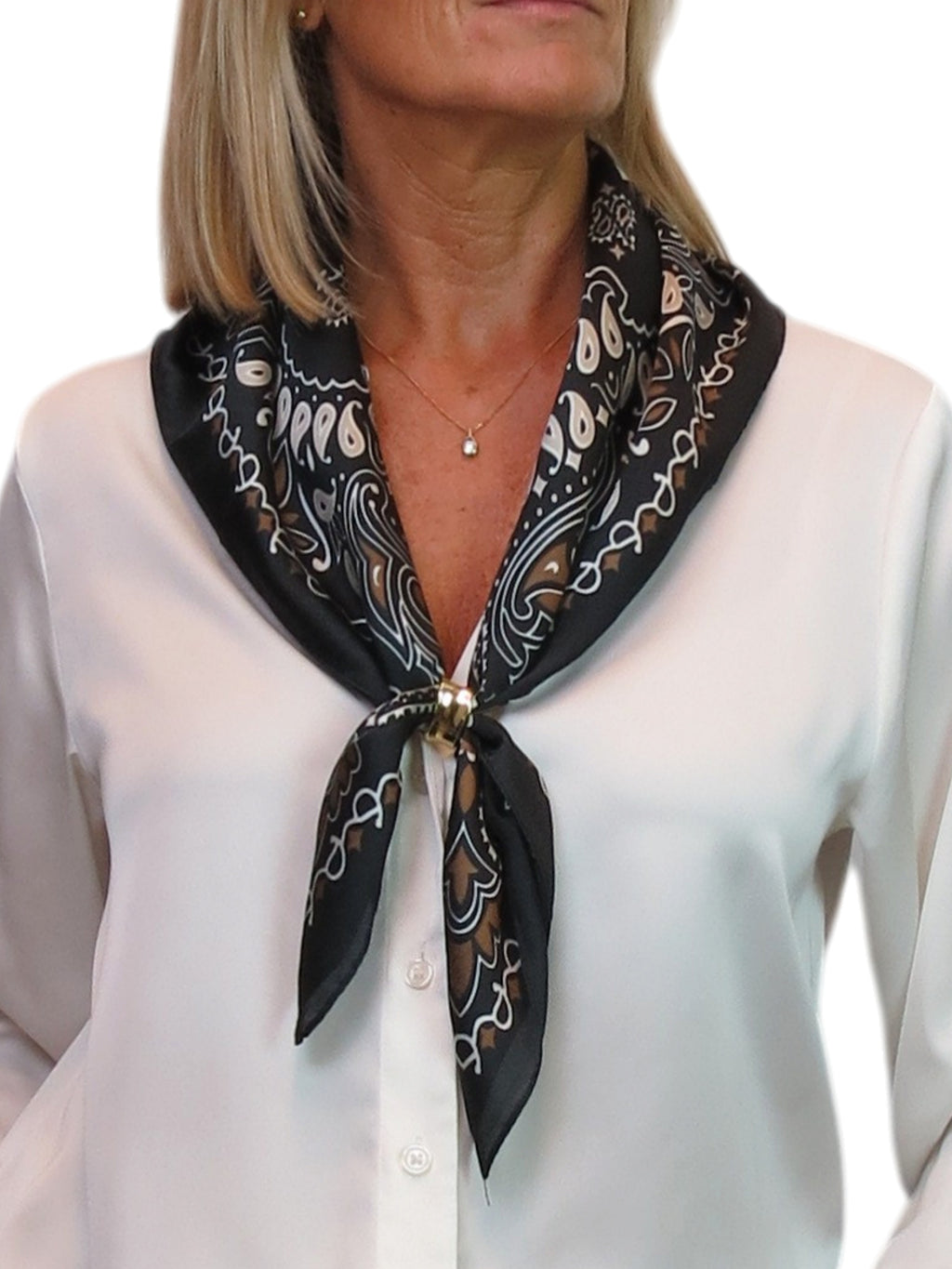 Silky Paisley Square Neckerchief Scarf with Scarf Ring Black