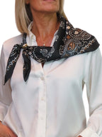 Silky Paisley Square Neckerchief Scarf with Scarf Ring Black