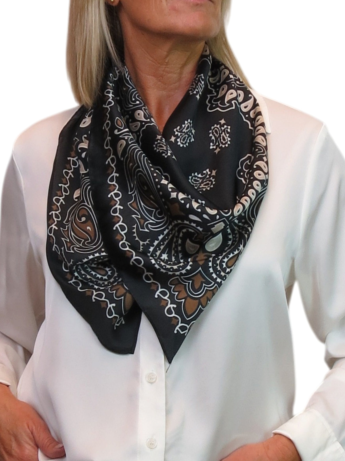 Silky Paisley Square Neckerchief Scarf with Scarf Ring Black