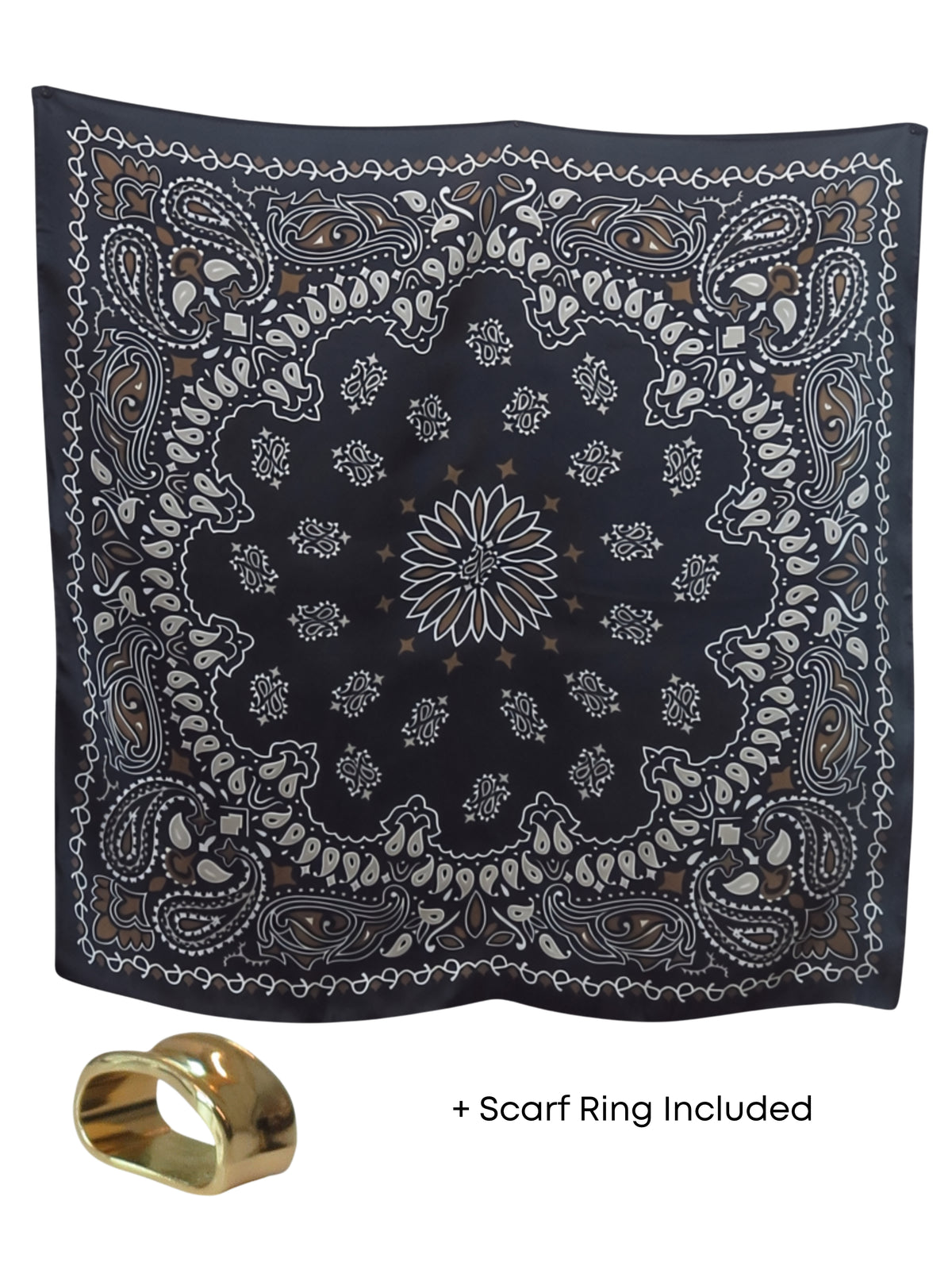 Silky Paisley Square Neckerchief Scarf with Scarf Ring Black