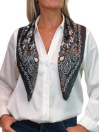Silky Paisley Square Neckerchief Scarf with Scarf Ring Black