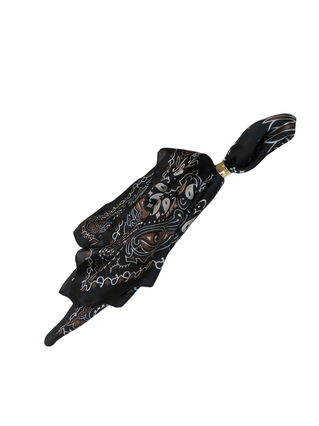 Silky Paisley Square Neckerchief Scarf with Scarf Ring Black