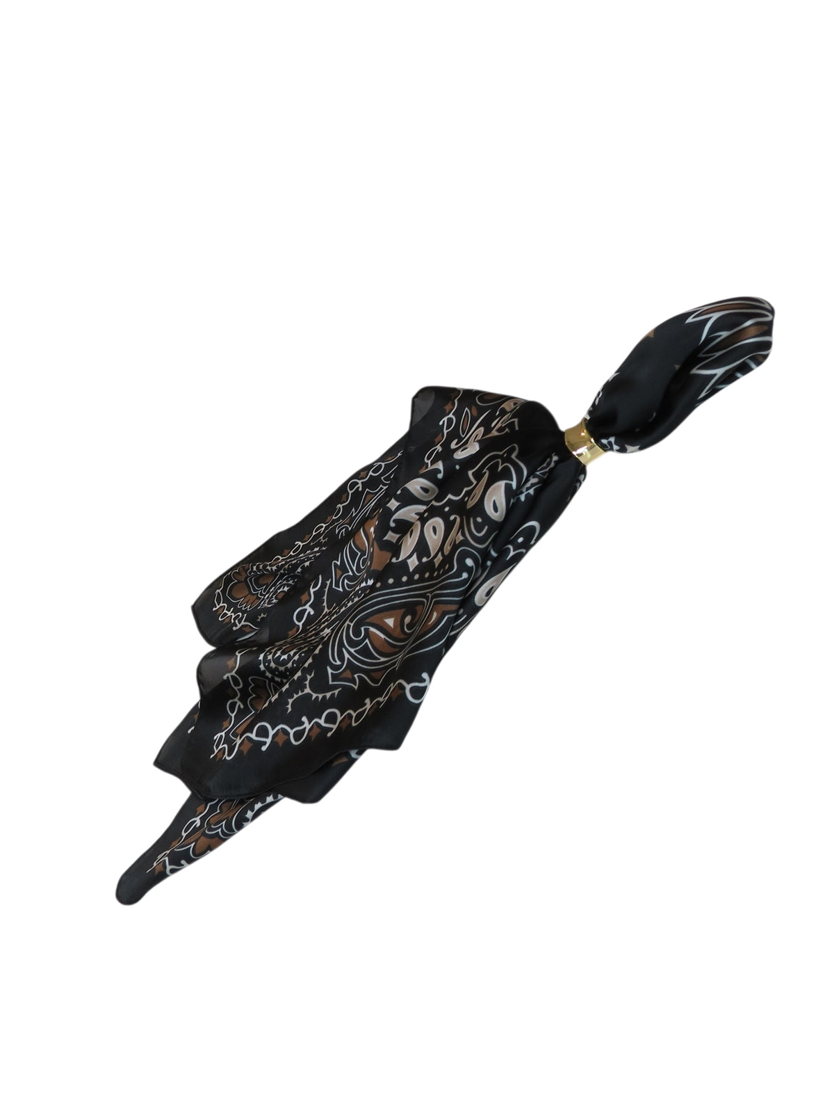 Silky Paisley Square Neckerchief Scarf with Scarf Ring Black