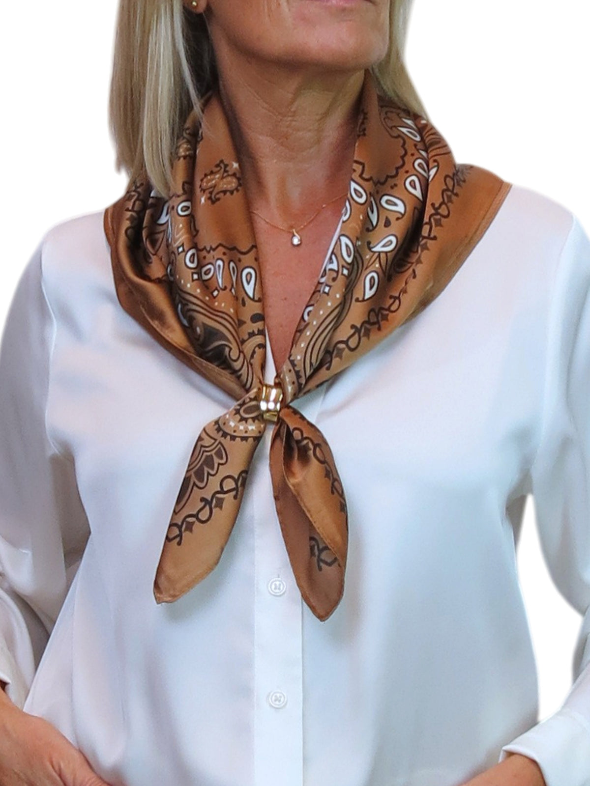 Silky Paisley Square Neckerchief Scarf with Scarf Ring Tan