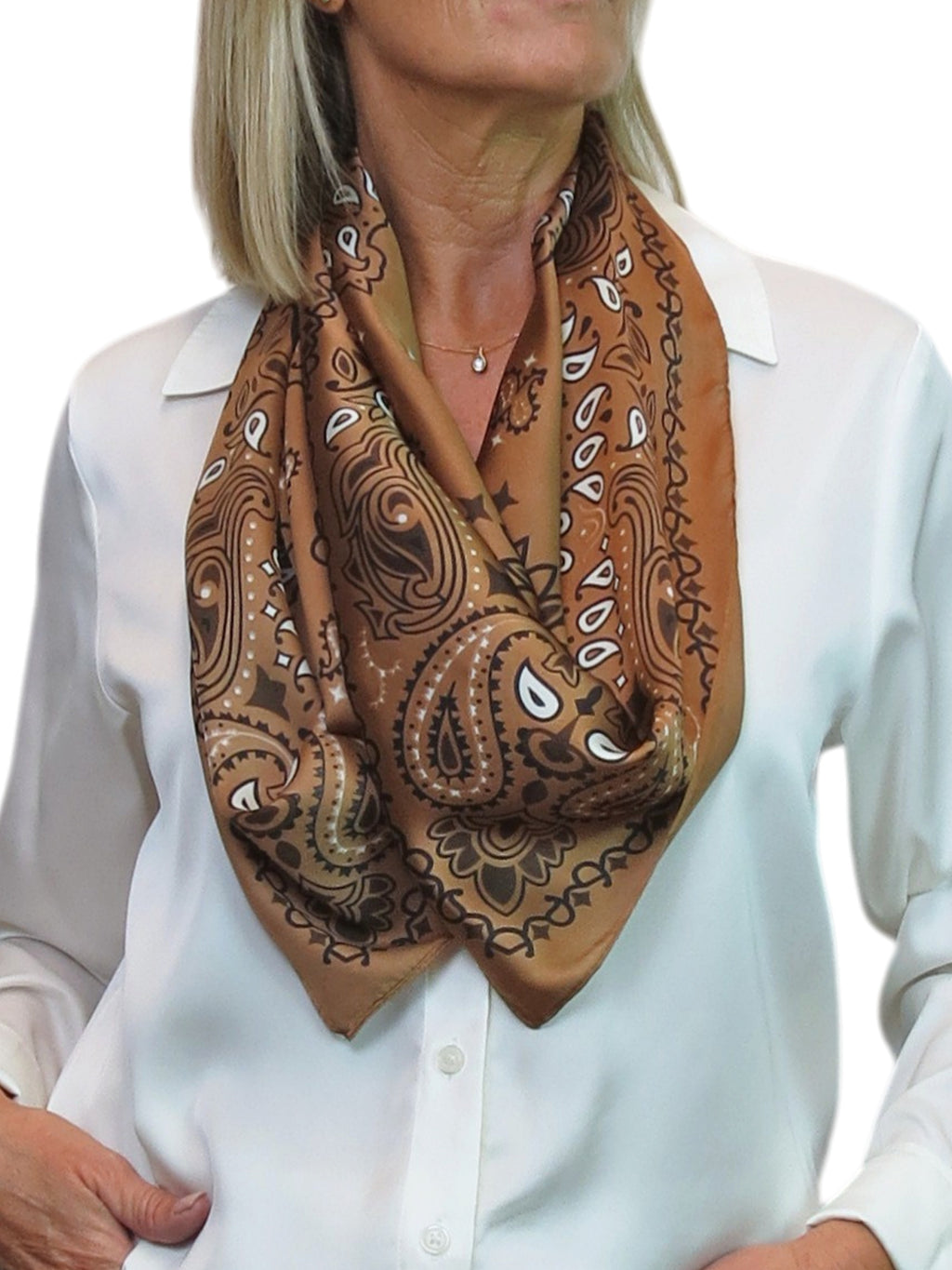 Silky Paisley Square Neckerchief Scarf with Scarf Ring Tan