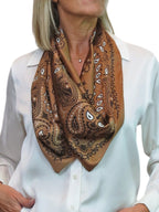 Silky Paisley Square Neckerchief Scarf with Scarf Ring Tan