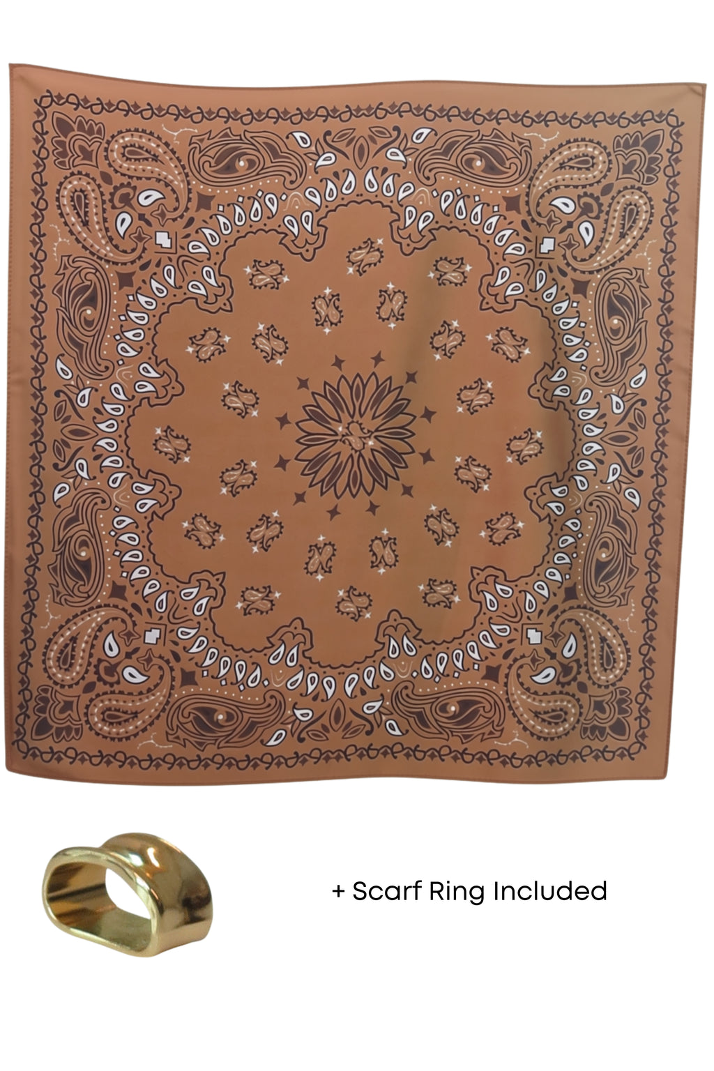 Silky Paisley Square Neckerchief Scarf with Scarf Ring Tan