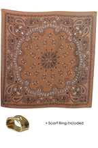 Silky Paisley Square Neckerchief Scarf with Scarf Ring Tan