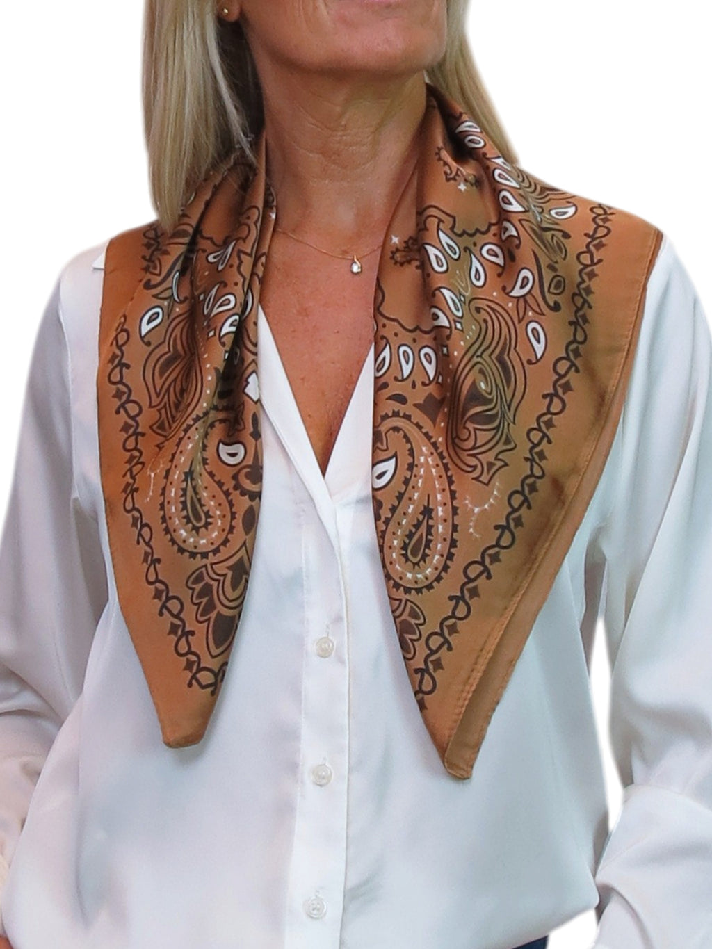 Silky Paisley Square Neckerchief Scarf with Scarf Ring Tan