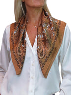 Silky Paisley Square Neckerchief Scarf with Scarf Ring Tan