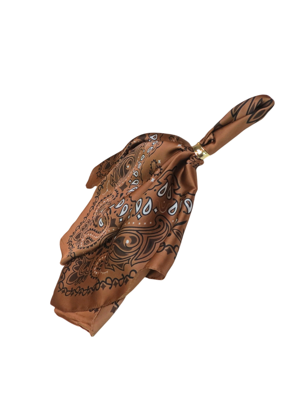 Silky Paisley Square Neckerchief Scarf with Scarf Ring Tan