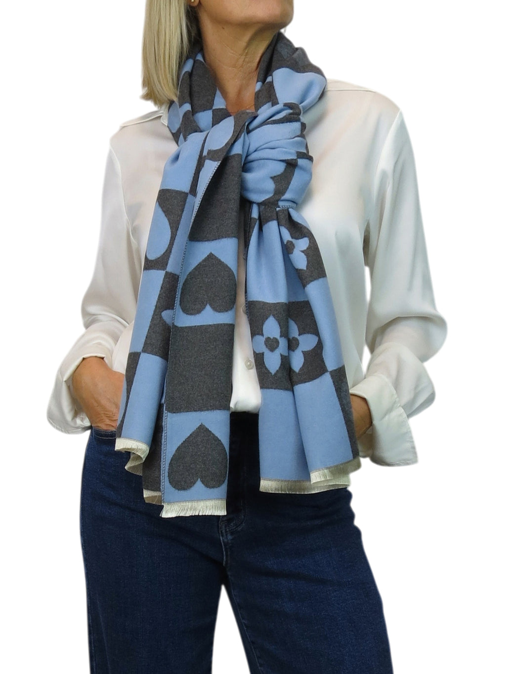 Wool Blend Heart Print Reversible Pashmina Scarf Blue