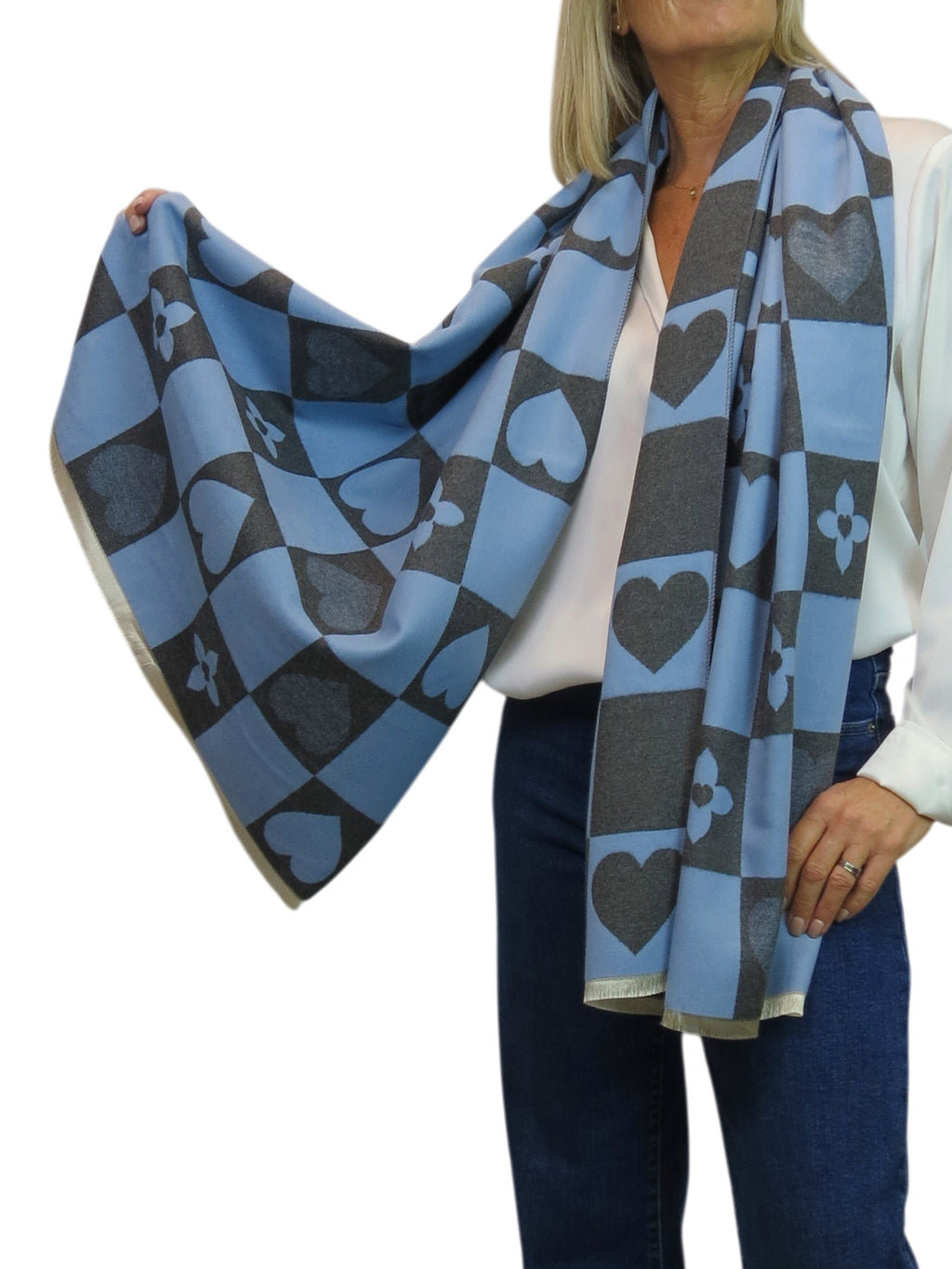 Wool Blend Heart Print Reversible Pashmina Scarf Blue