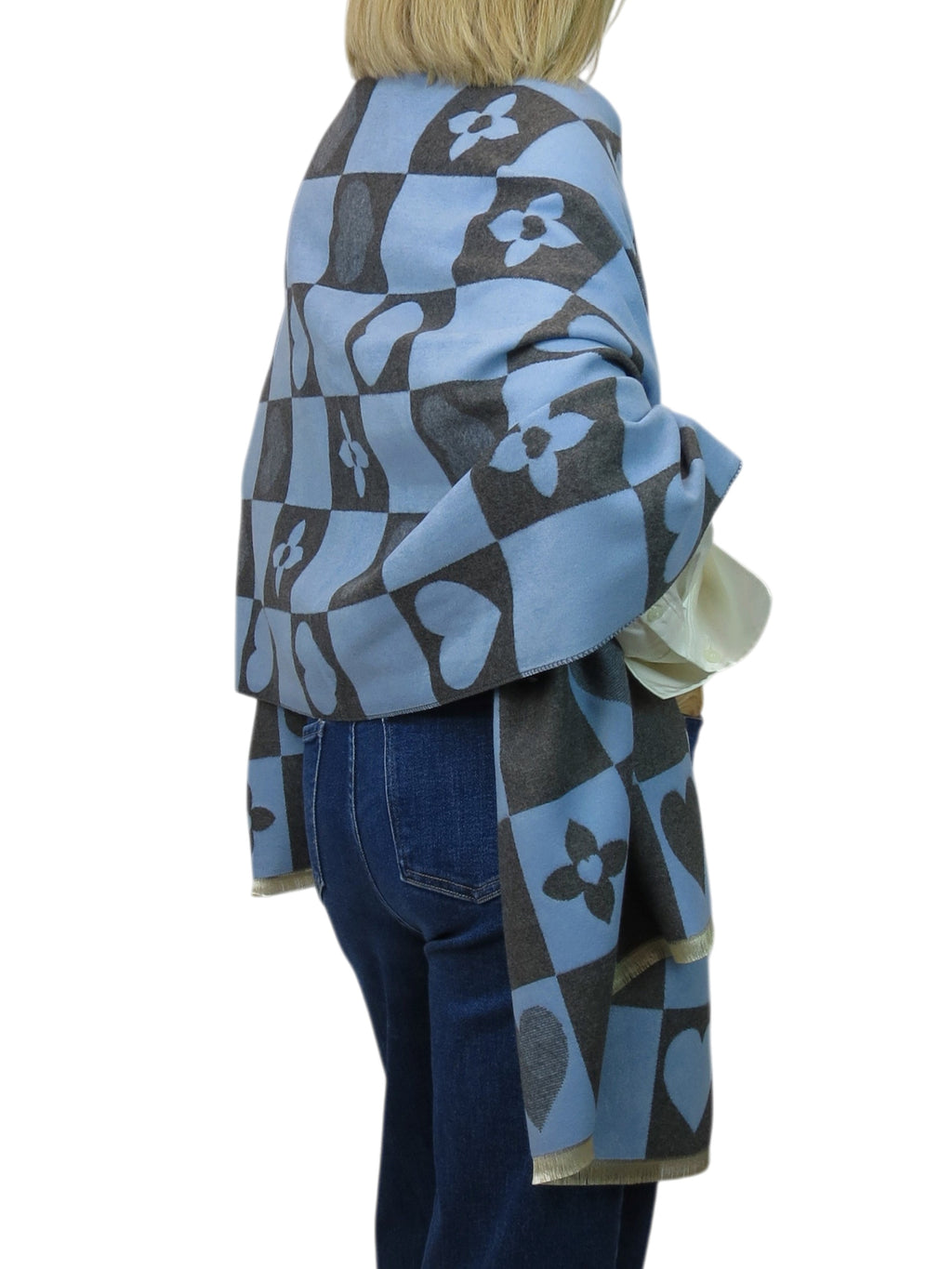 Wool Blend Heart Print Reversible Pashmina Scarf Blue