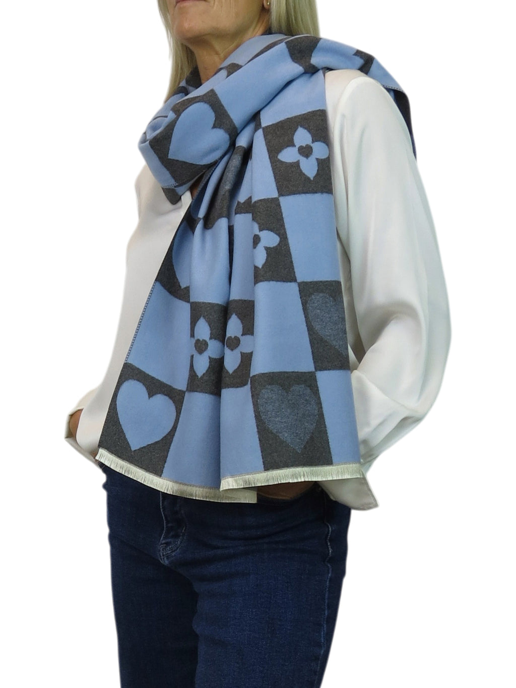 Wool Blend Heart Print Reversible Pashmina Scarf Blue