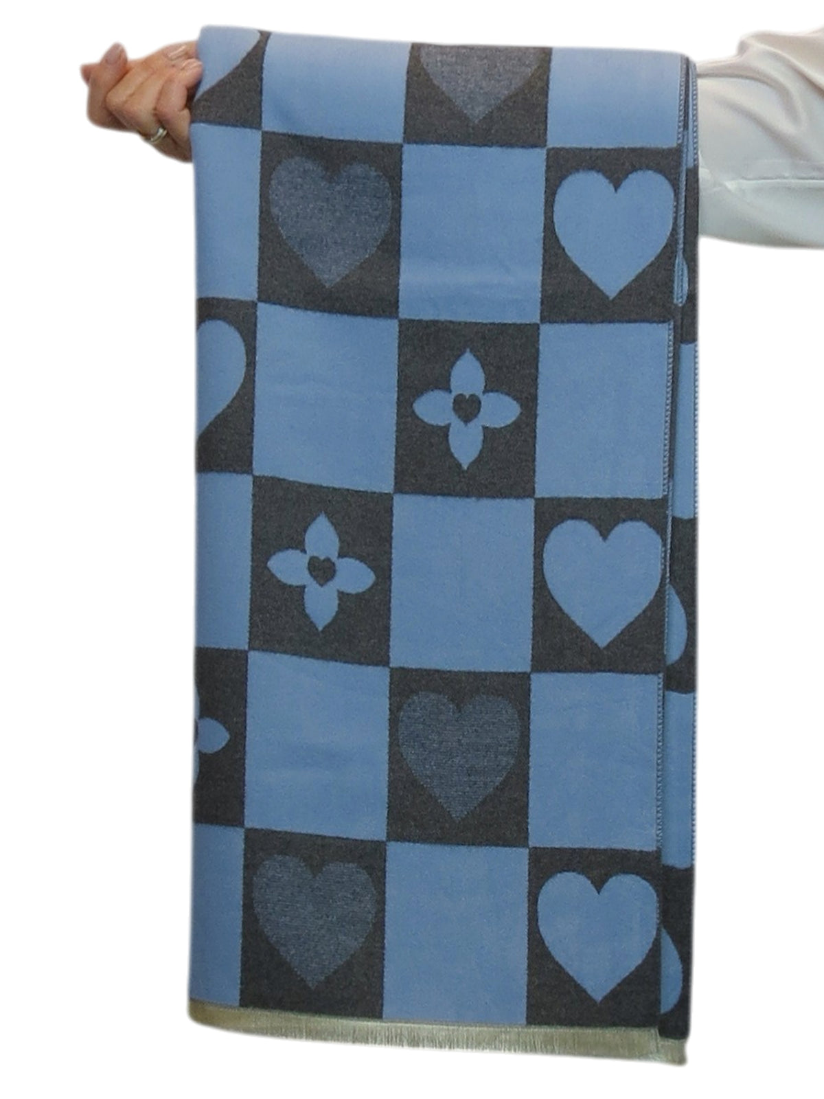 Wool Blend Heart Print Reversible Pashmina Scarf Blue