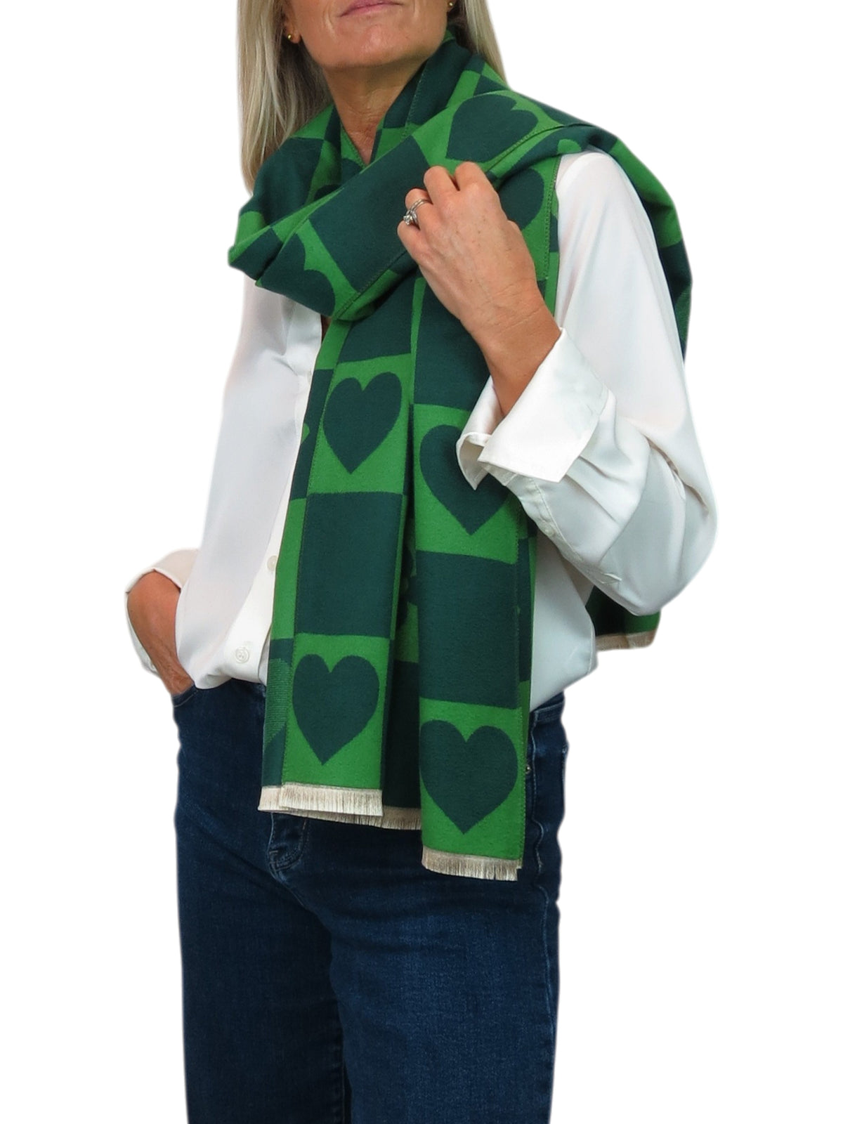 Wool Blend Heart Print Reversible Pashmina Scarf Green