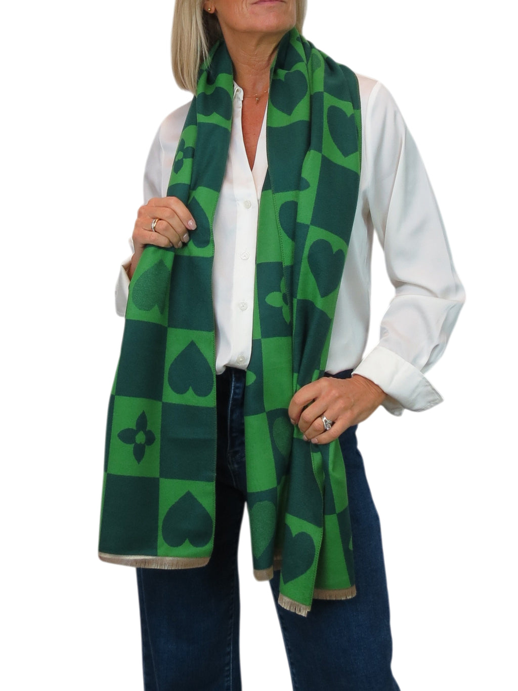 Wool Blend Heart Print Reversible Pashmina Scarf Green