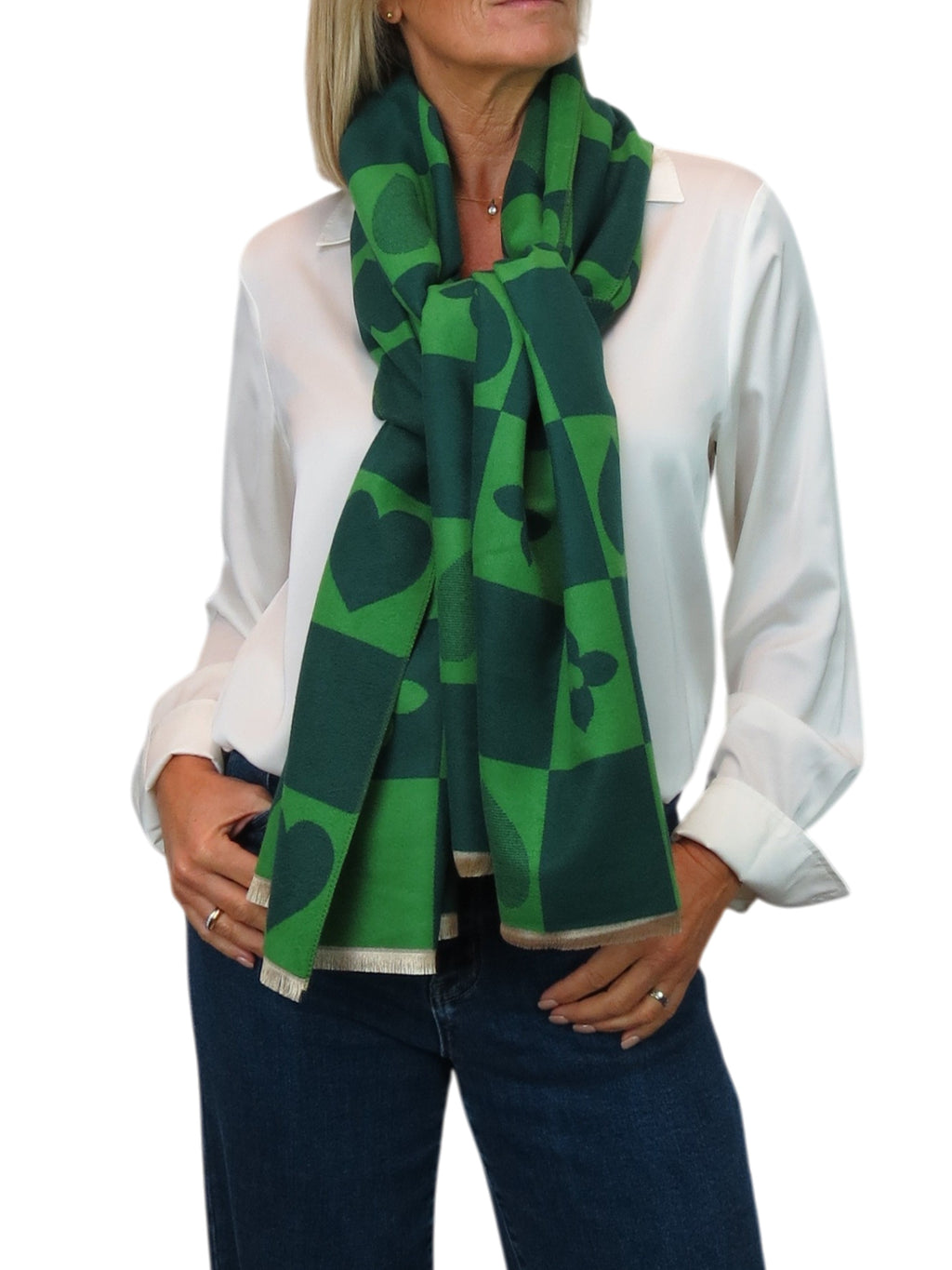 Wool Blend Heart Print Reversible Pashmina Scarf Green