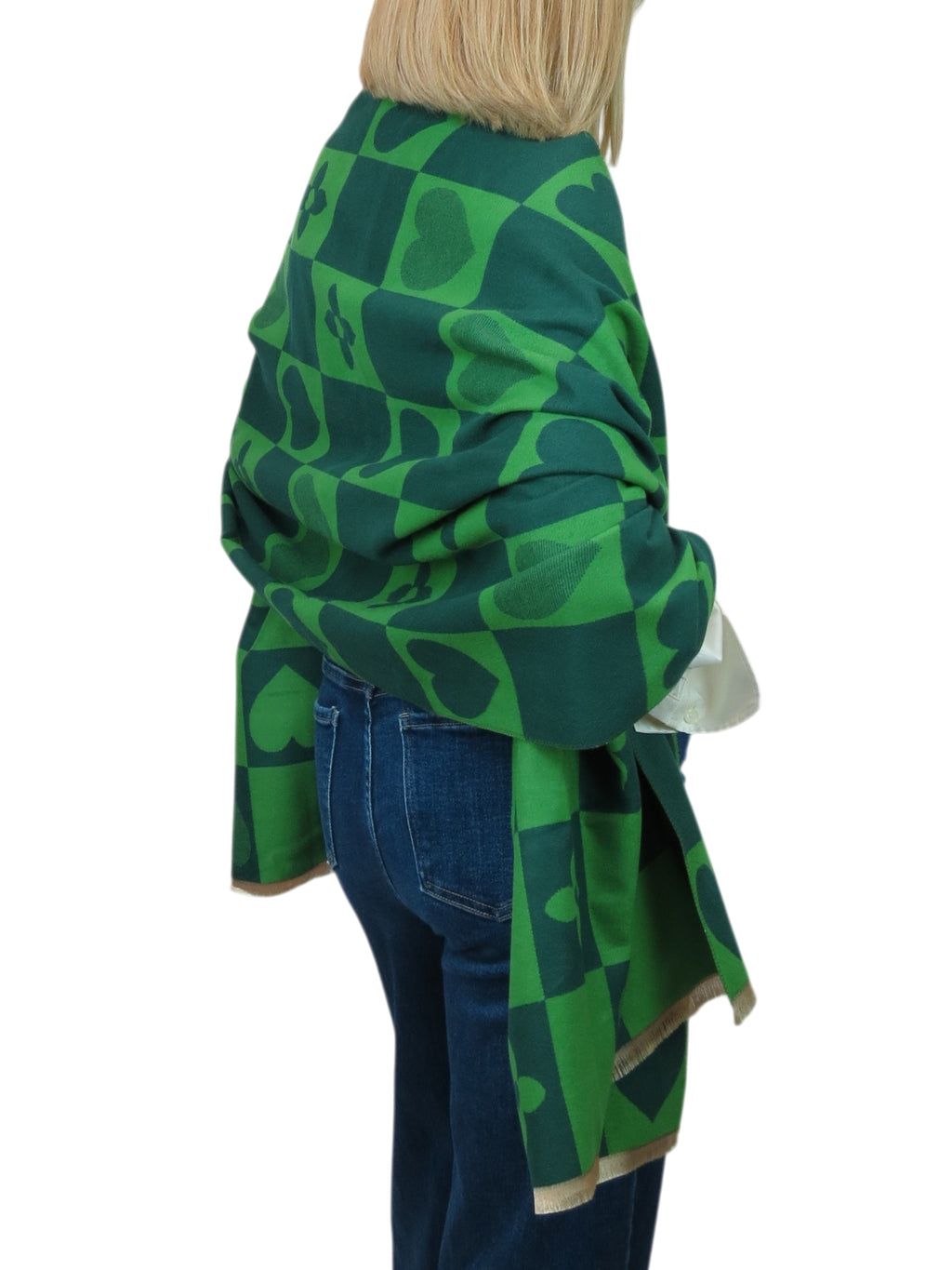 Wool Blend Heart Print Reversible Pashmina Scarf Green