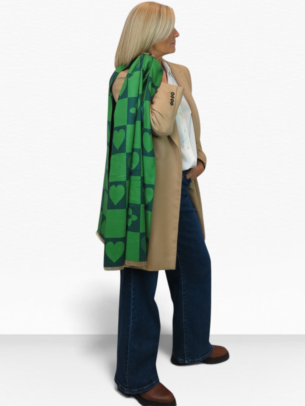 Wool Blend Heart Print Reversible Pashmina Scarf Green