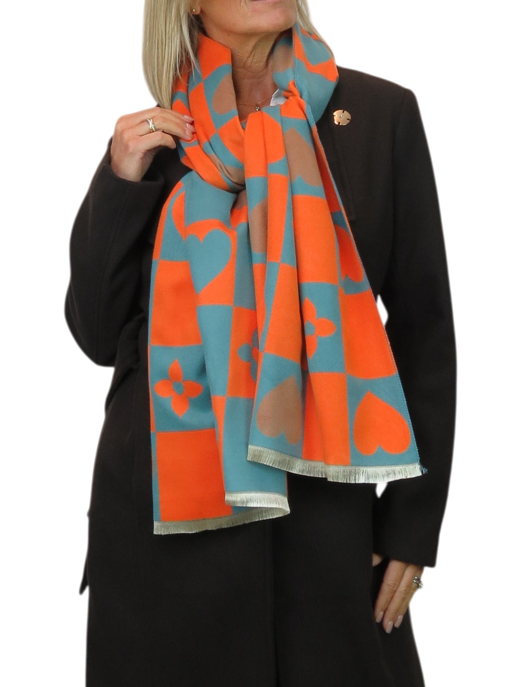 Wool Blend Heart Print Reversible Pashmina Scarf Orange