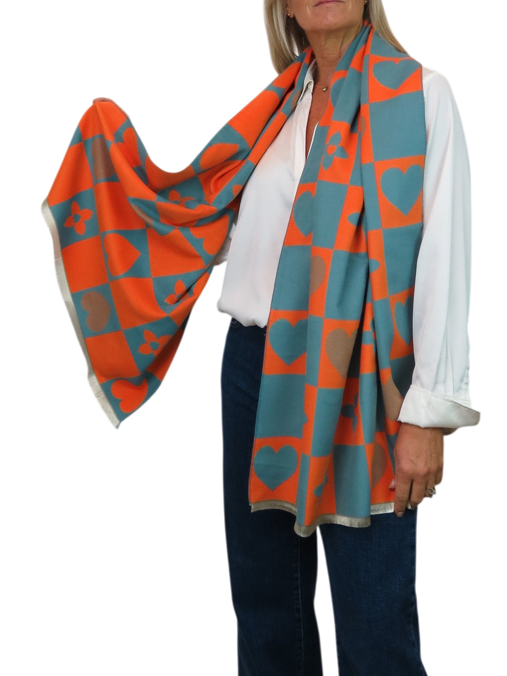 Wool Blend Heart Print Reversible Pashmina Scarf Orange