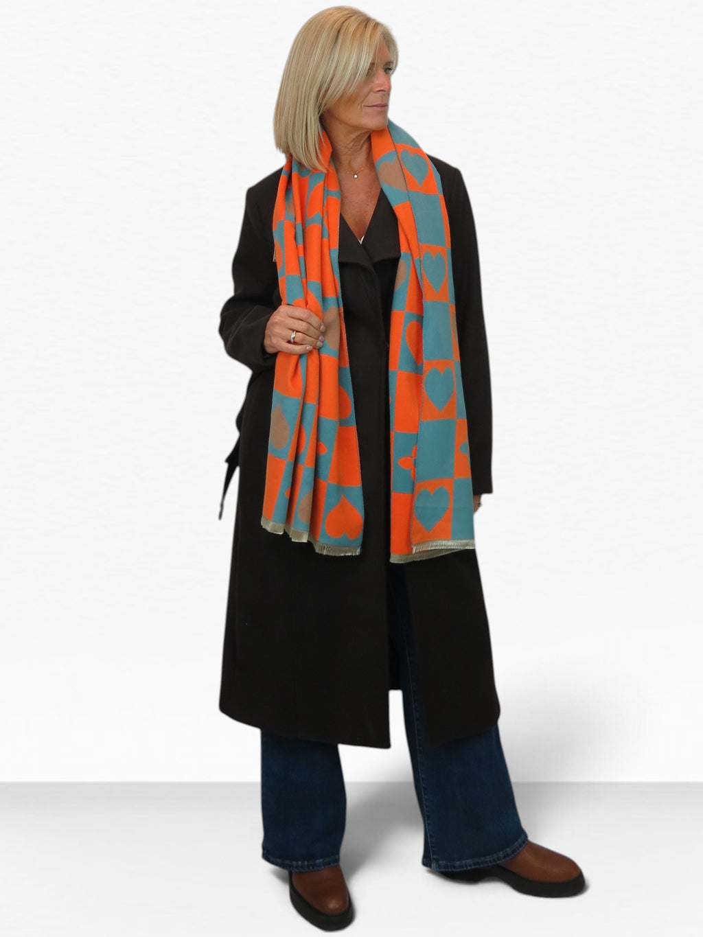 Wool Blend Heart Print Reversible Pashmina Scarf Orange