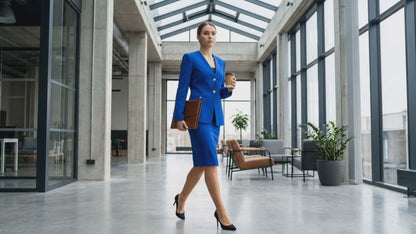 2 Piece V Neck Jacket and Midi Skirt Suit Royal Blue